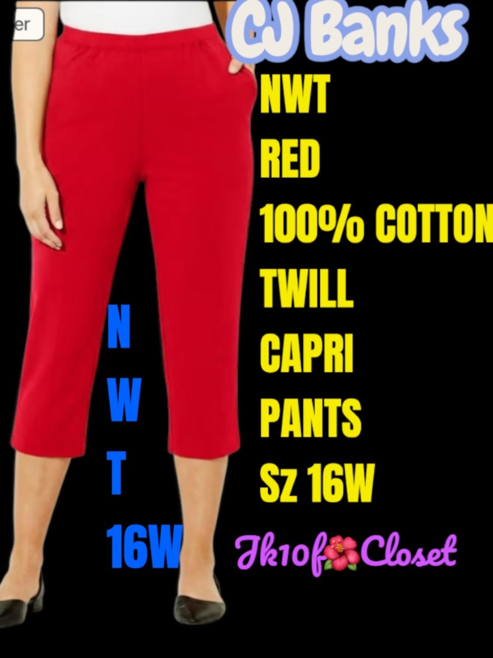 LOWEST🌺NWT CJ Banks Sz 16W RED 100% COTTON CAPRI CROP PANTS